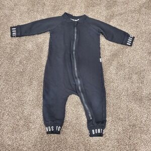 Bonds Kids Black Fleece Lined Logo Cuff Zip Coverall Jumpsuit Size 1 12-18M